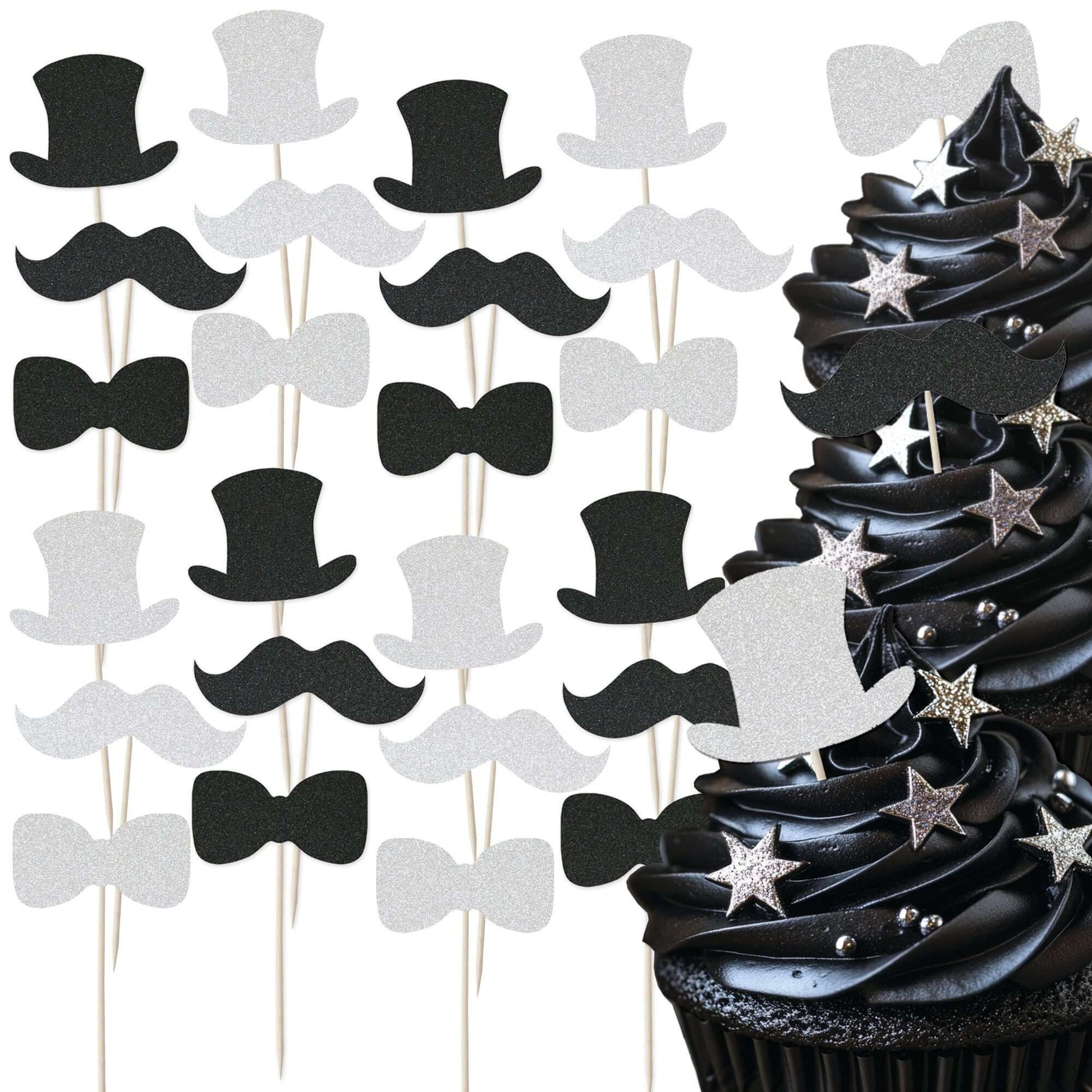 Gentleman themed glitter cupcake toppers set featuring top hats, moustaches, and bow ties for party desserts.