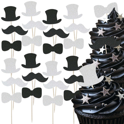 Gentleman themed glitter cupcake toppers set featuring top hats, moustaches, and bow ties for party desserts.