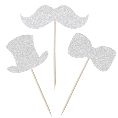 Silver glitter gentleman themed cupcake toppers: moustache, top hat, and bow tie for party decorations.