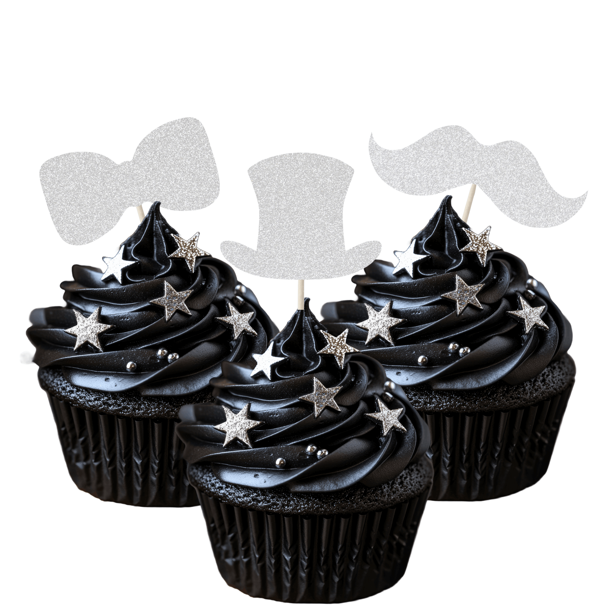 Elegant black cupcakes topped with glitter gentleman-themed toppers: bow ties, top hats, and moustaches.