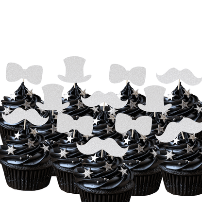 Gentleman themed glitter cupcake toppers featuring top hats, moustaches, and bow ties on black frosted cupcakes.