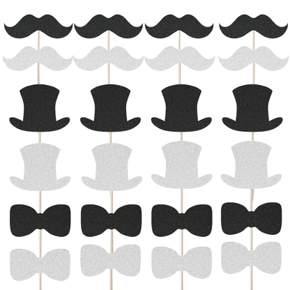 Gentleman themed glitter cupcake toppers set featuring top hats, moustaches, and bow ties in black and silver.