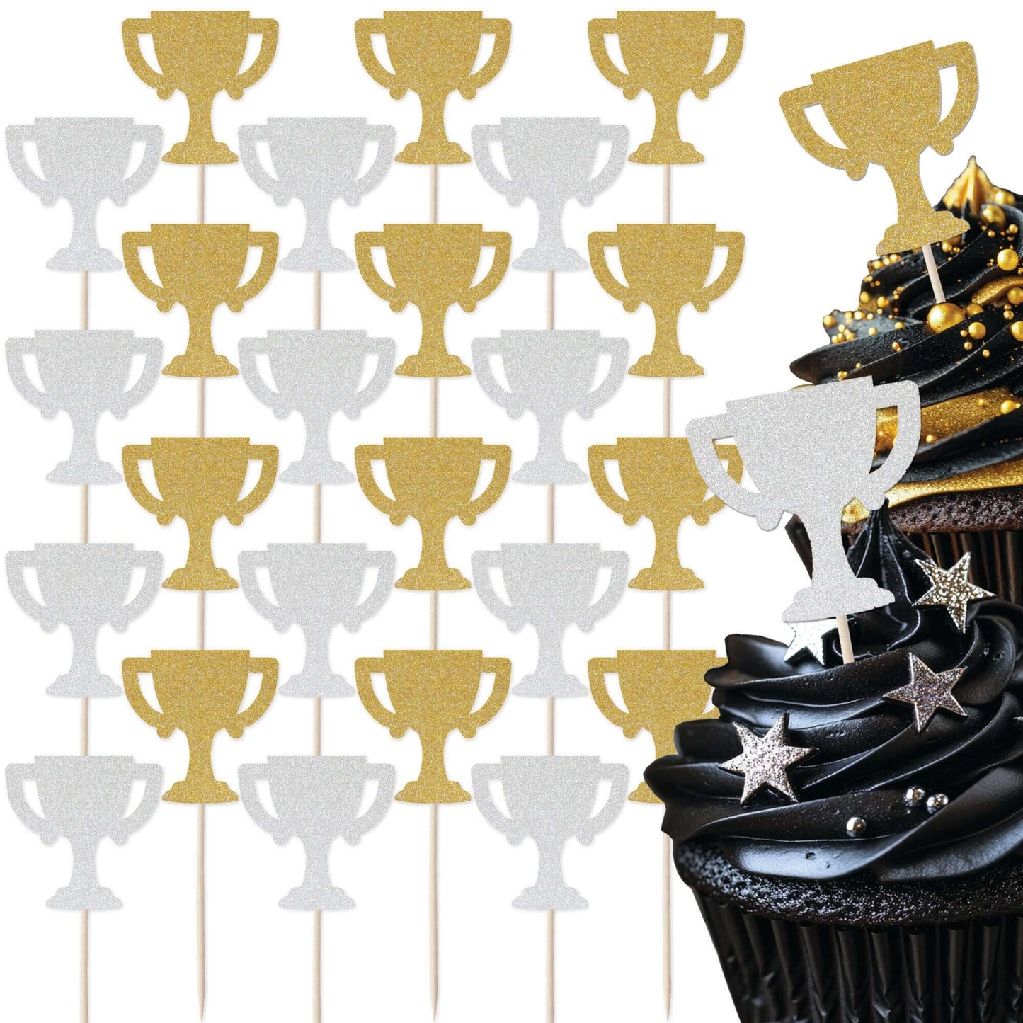 Gold and silver glitter trophy cupcake toppers set on a black cupcake for sport-themed celebrations.