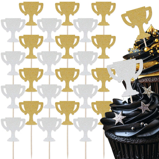 Gold and silver glitter trophy cupcake toppers set on a black cupcake for sport-themed celebrations.