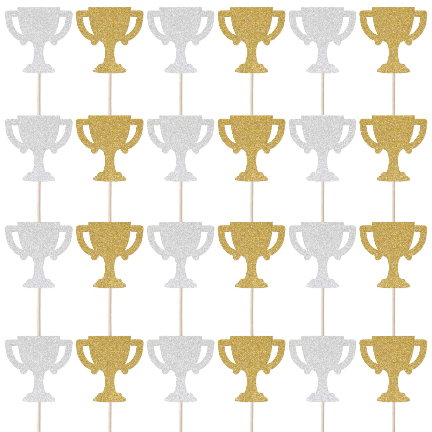 Gold and silver glitter trophy cupcake toppers set, perfect for celebrations and dessert decorations.