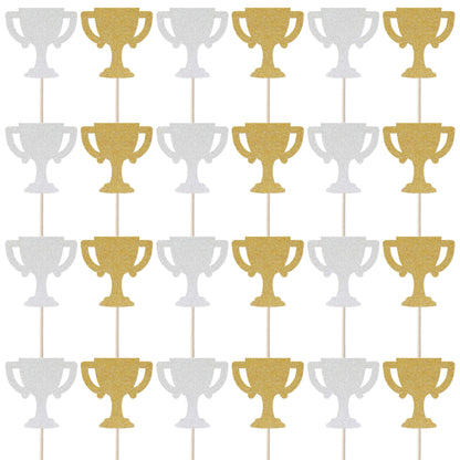 Gold and silver glitter trophy cupcake toppers set, perfect for celebrations and dessert decorations.