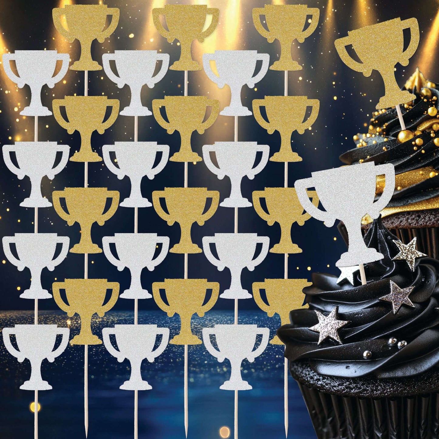 Gold and silver glitter trophy cupcake toppers set, 24pcs, perfect for sports-themed birthday celebrations.
