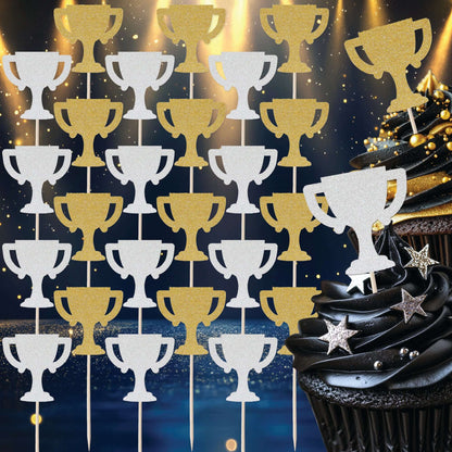 Gold and silver glitter trophy cupcake toppers set, 24pcs, perfect for sports-themed birthday celebrations.