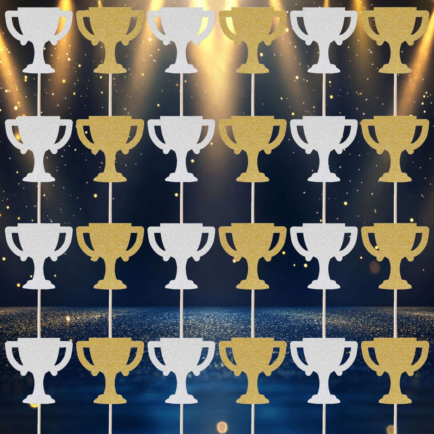 Gold and silver glitter trophy cupcake toppers set arranged for festive celebrations, ideal for birthday cakes and desserts.