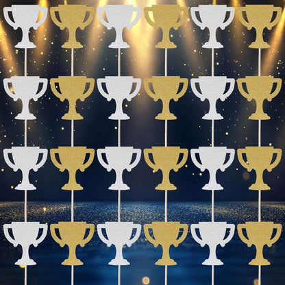 Gold and silver glitter trophy cupcake toppers set arranged for festive celebrations, ideal for birthday cakes and desserts.