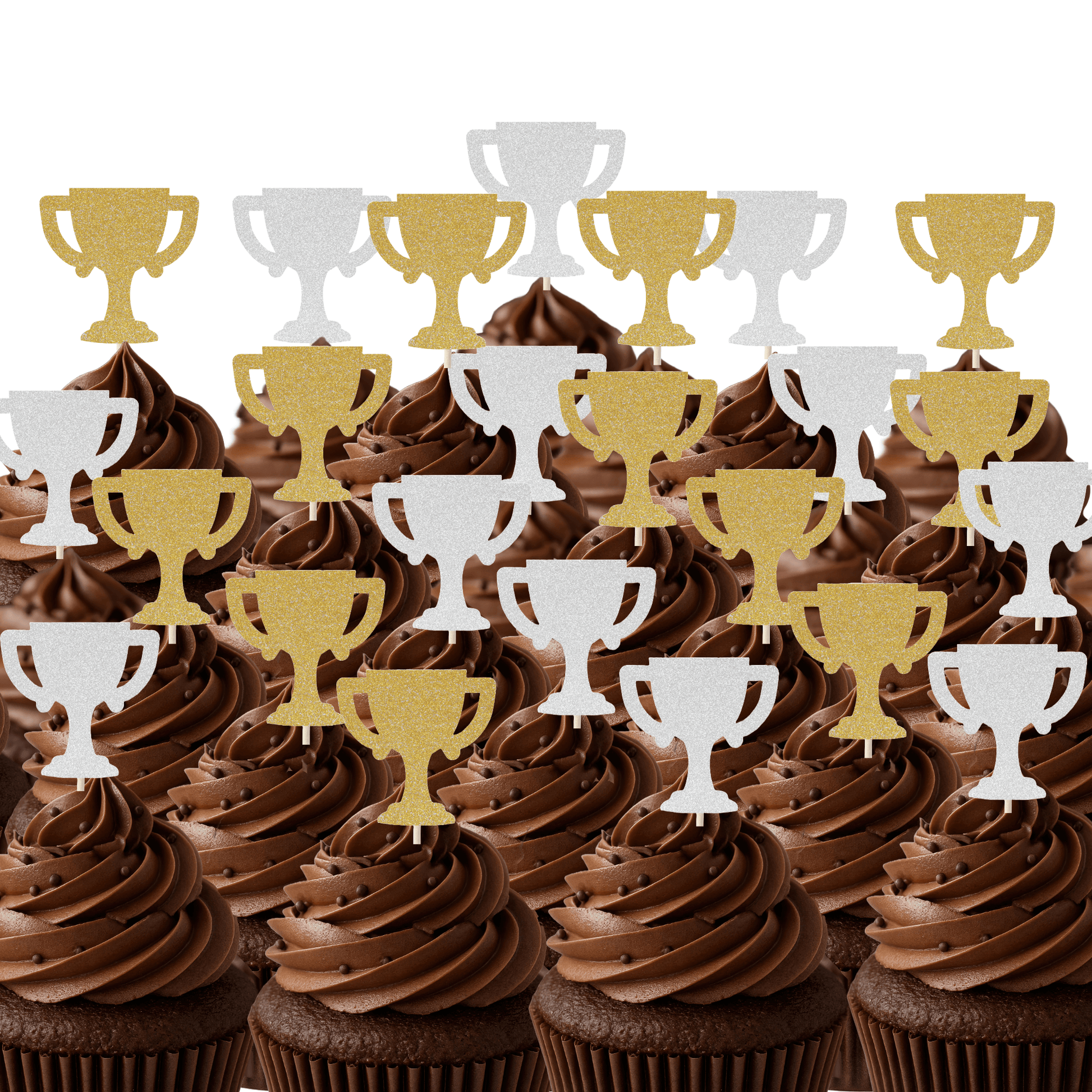 Gold and silver glitter trophy cupcake toppers on chocolate cupcakes for sporty celebrations.