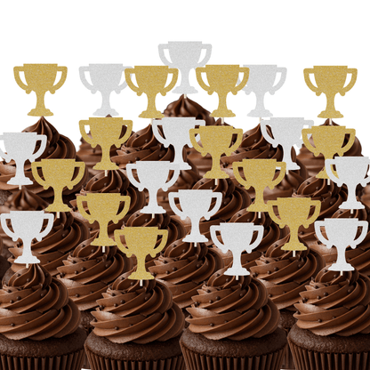 Gold and silver glitter trophy cupcake toppers on chocolate cupcakes for sporty celebrations.