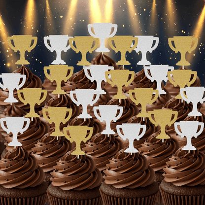 Gold and silver trophy cupcake toppers on chocolate cupcakes, ideal for sporty celebrations and birthday parties.