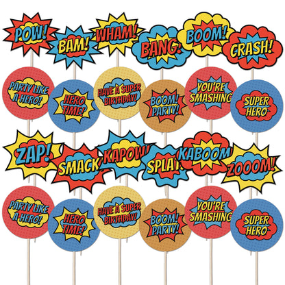 Superhero Comic Book Cupcake Toppers Set - 24pc - Birthday Celebration Cupcake & Cake Decorations