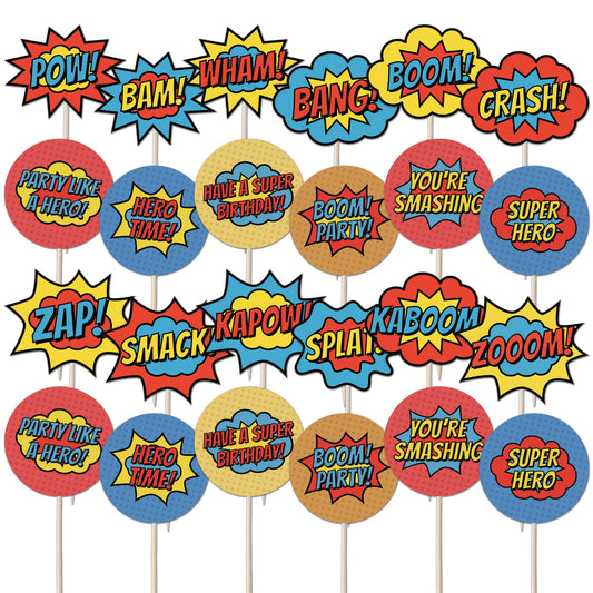 Superhero Comic Book Cupcake Toppers Set - 24pc - Birthday Celebration Cupcake & Cake Decorations