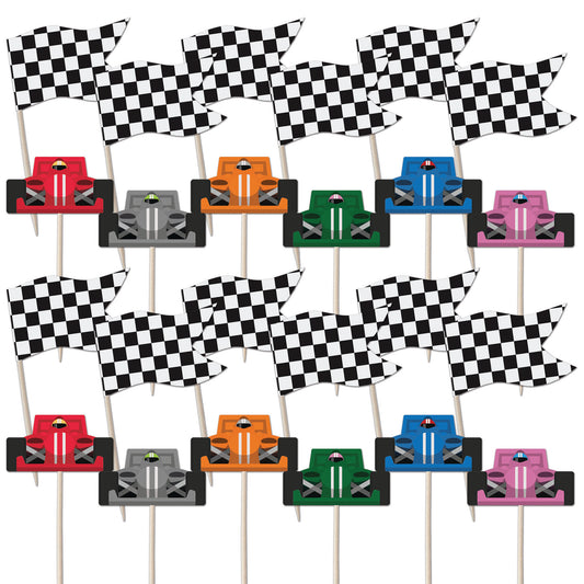 Racing Car & Chequered Flag Cupcake Toppers Set - 24pc - Birthday Celebration Cupcake & Cake Decorations