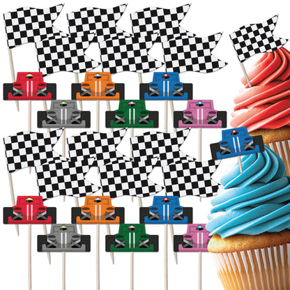 Racing Car & Chequered Flag Cupcake Toppers Set - 24pc - Birthday Celebration Cupcake & Cake Decorations