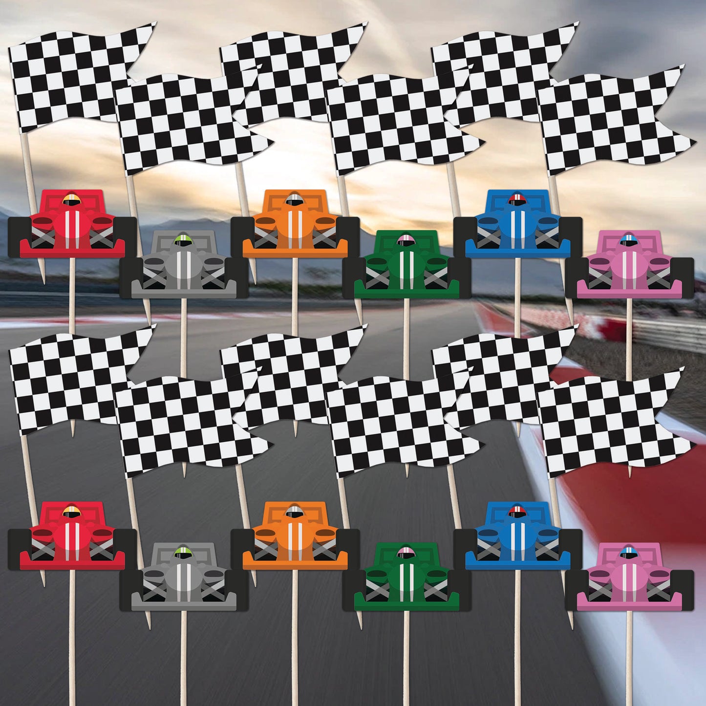 Racing Car & Chequered Flag Cupcake Toppers Set - 24pc - Birthday Celebration Cupcake & Cake Decorations