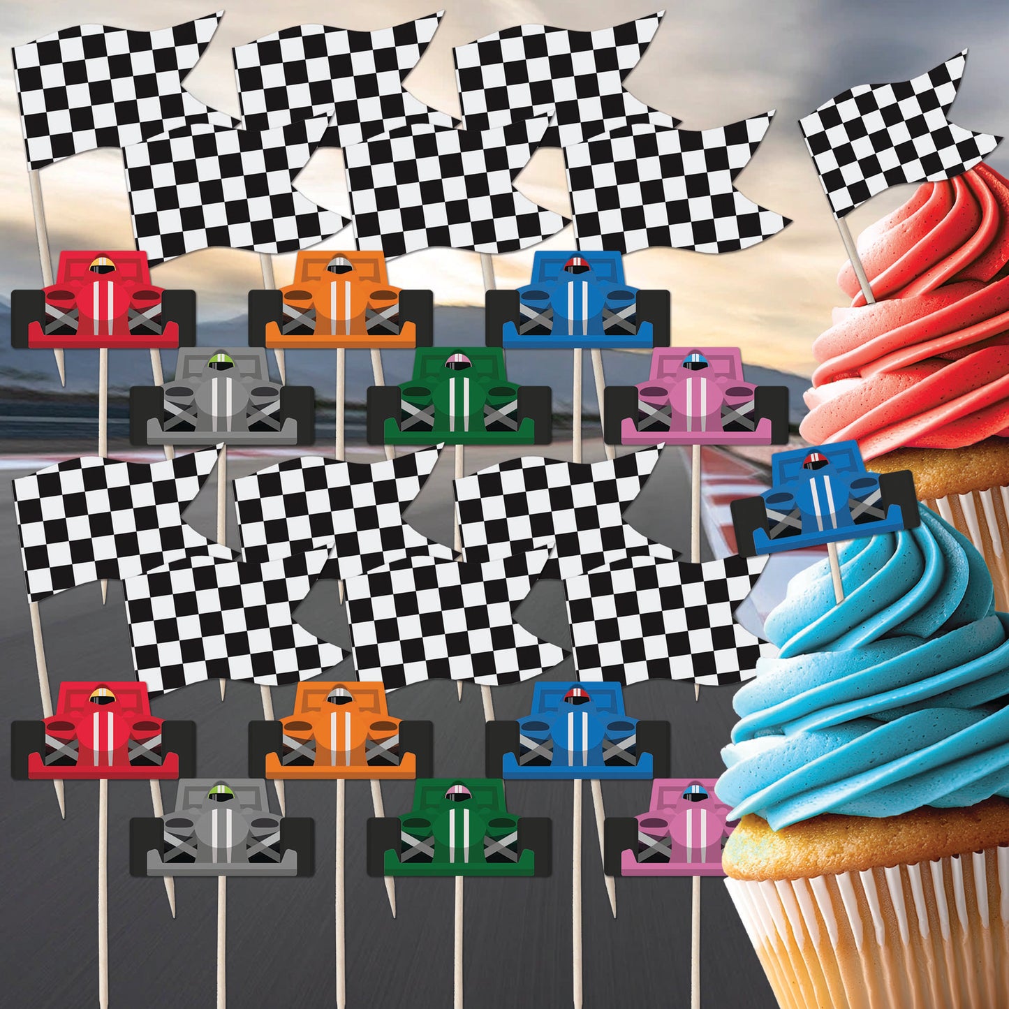 Racing Car & Chequered Flag Cupcake Toppers Set - 24pc - Birthday Celebration Cupcake & Cake Decorations