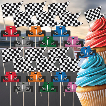 Racing Car & Chequered Flag Cupcake Toppers Set - 24pc - Birthday Celebration Cupcake & Cake Decorations