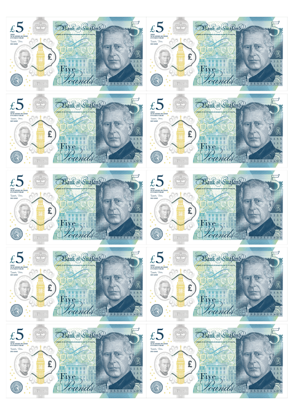 Edible Wafer Money £5 notes, printed on high-quality rice paper, 100% edible, set of 10 decorations.