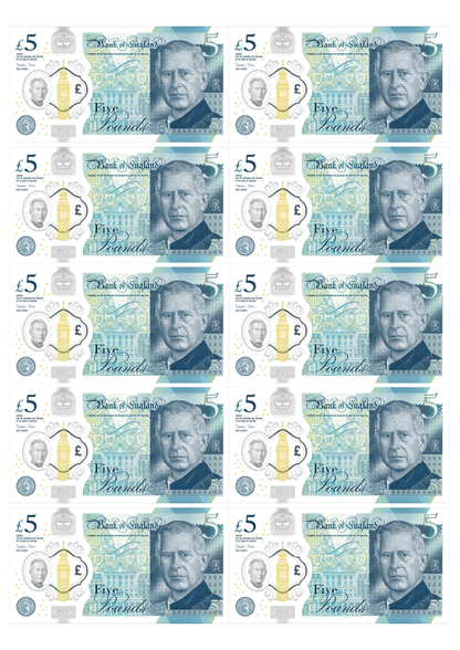 Edible Wafer Money £5 notes, printed on high-quality rice paper, 100% edible, set of 10 decorations.