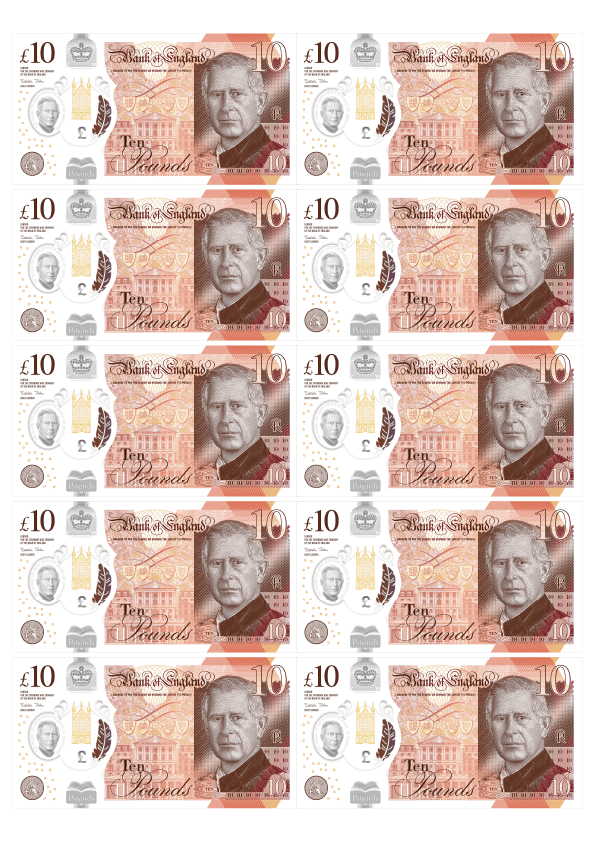Edible wafer money £10 notes, 10 designs on rice paper for cake decorations, 100% edible toppings.