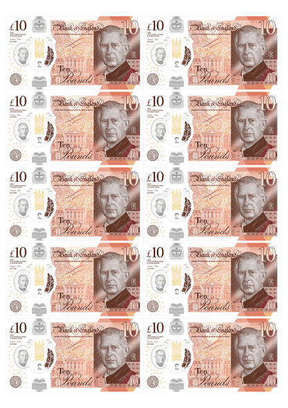 Edible wafer money £10 notes, 10 designs on rice paper for cake decorations, 100% edible toppings.