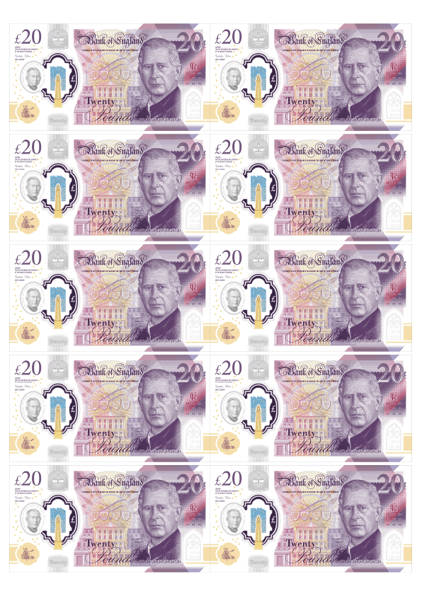 Sheet of edible £20 notes, 10 designs, printed on wafer paper for cake decoration, 100% edible.