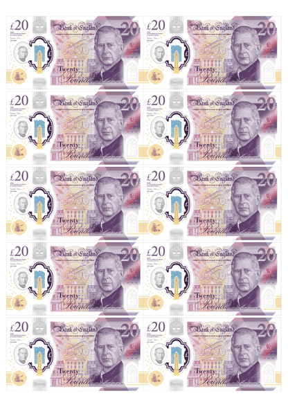 Sheet of edible £20 notes, 10 designs, printed on wafer paper for cake decoration, 100% edible.