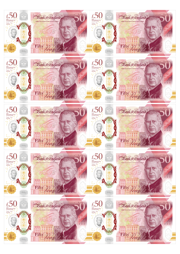 Edible wafer paper £50 notes, 10 count, printed with edible inks for cake decorations.