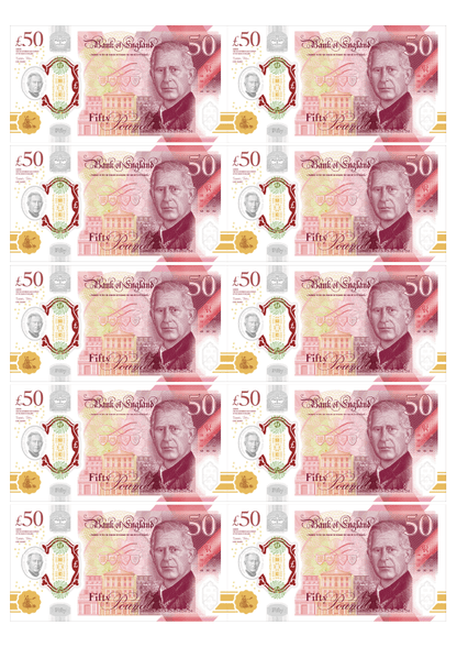 Edible wafer paper £50 notes, 10 count, printed with edible inks for cake decorations.