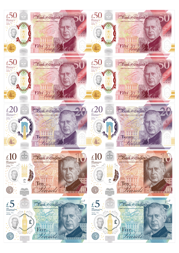Edible Wafer Money set featuring designs of £50, £20, £10, and £5 notes on wafer paper decorations.