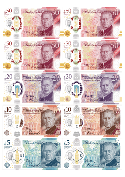 Edible Wafer Money set featuring designs of £50, £20, £10, and £5 notes on wafer paper decorations.