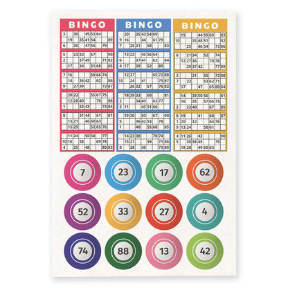 Edible wafer paper featuring 3 fake bingo ticket cards and 12 colorful bingo balls for cake decoration.