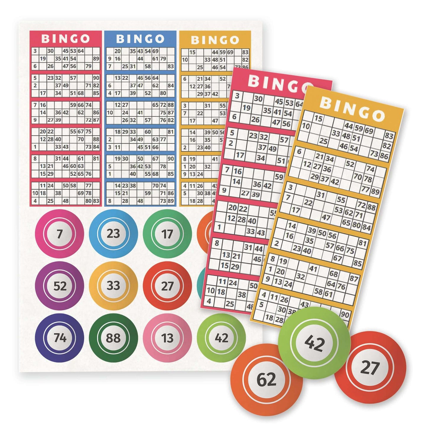 Edible wafer paper bingo ticket cards and colorful bingo balls for cake decorations and cupcake toppers.