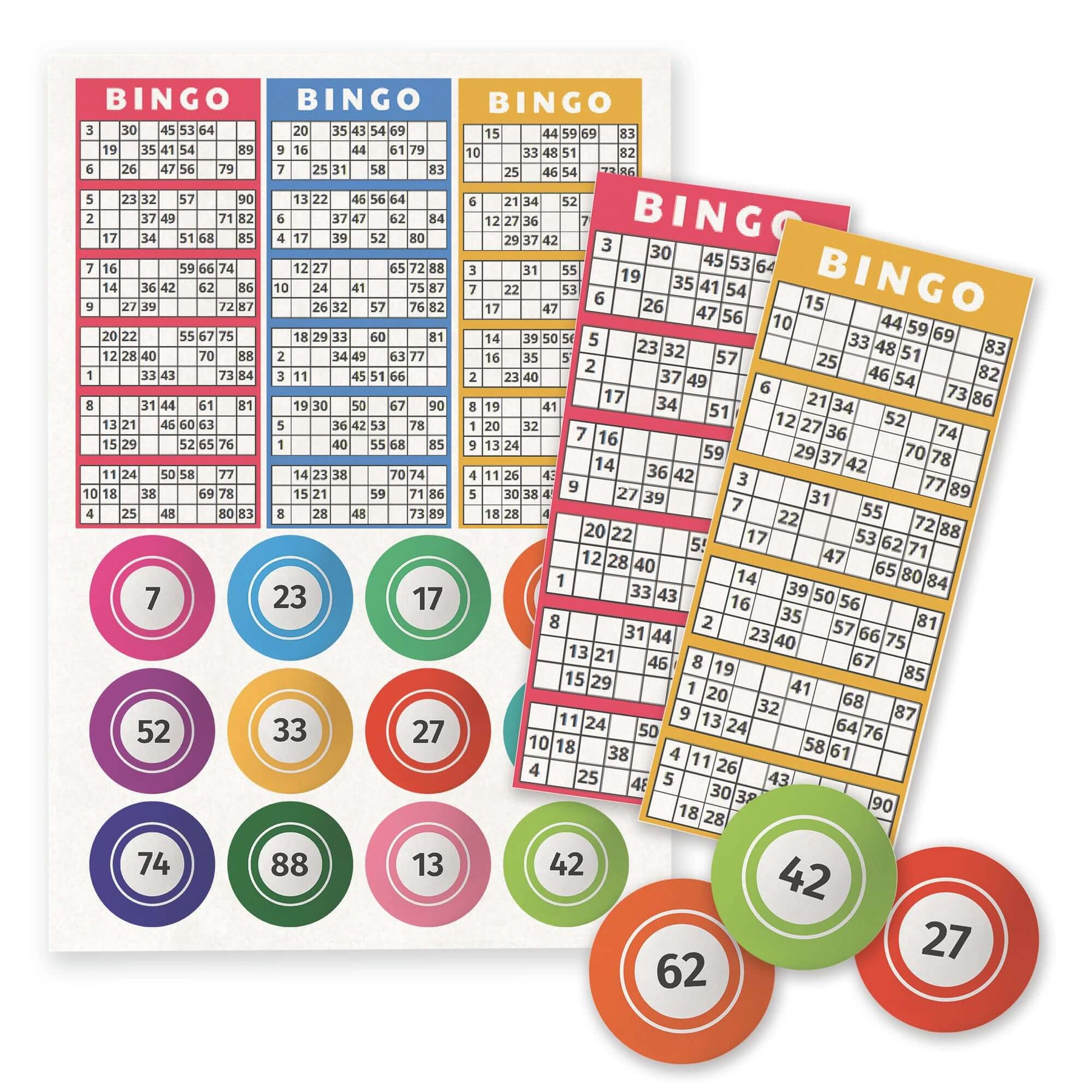 Edible wafer paper bingo ticket cards and colorful bingo balls for cake decorations and cupcake toppers.