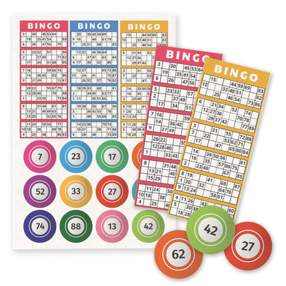Edible wafer paper bingo ticket cards and colorful bingo balls for cake decorations and cupcake toppers.