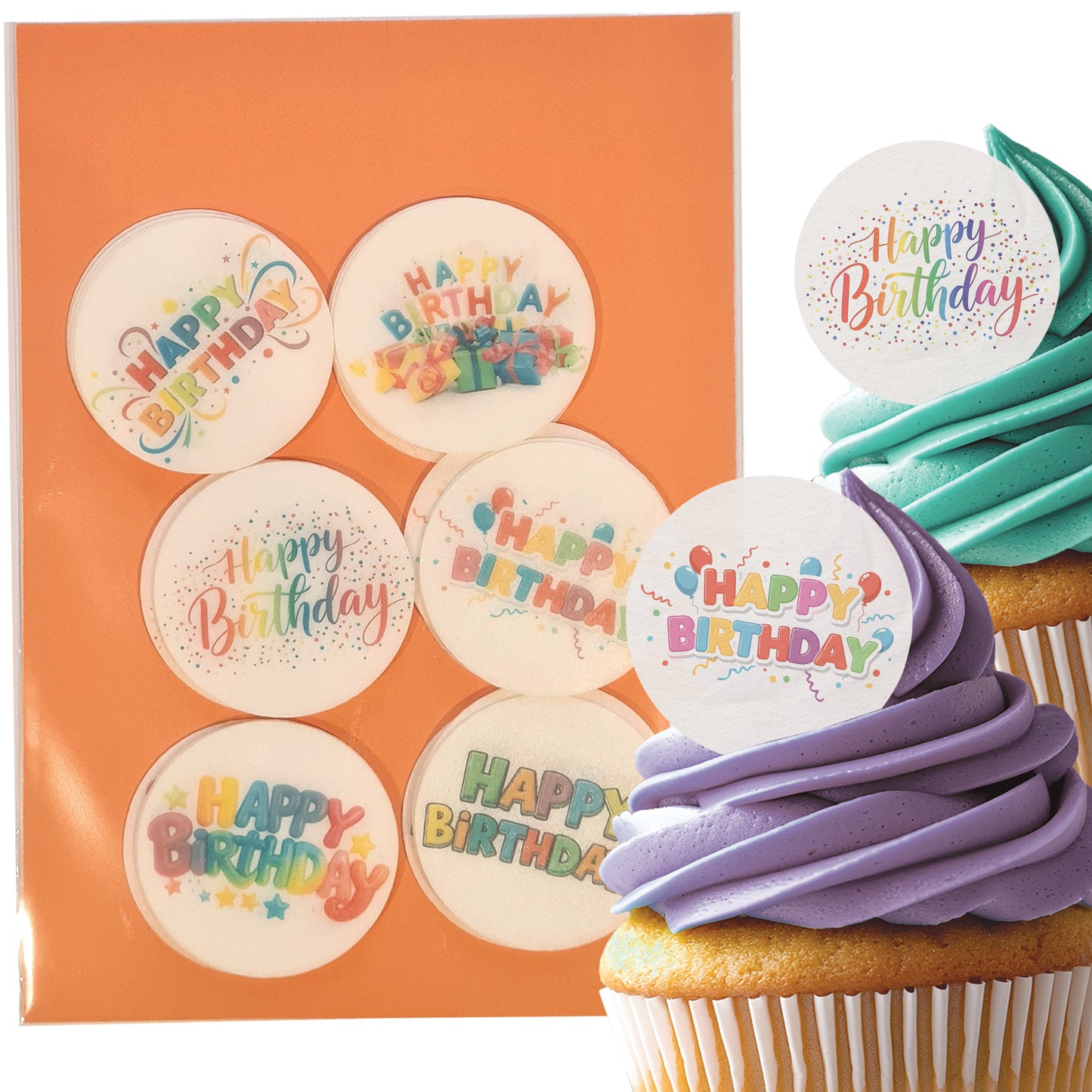 24 x Happy Birthday Edible Wafer Cupcake Toppers – Pre-Cut 3.8cm Birthday Cake Decorations – Thick Wafer Paper – Colourful Cupcake Toppers for Kids & Adults
