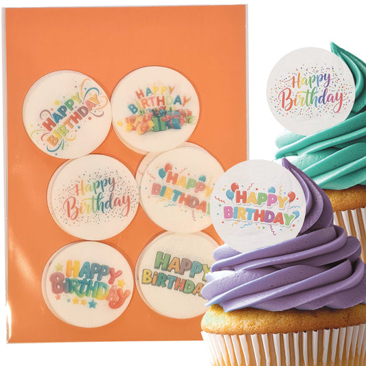 24 x Happy Birthday Edible Wafer Cupcake Toppers – Pre-Cut 3.8cm Birthday Cake Decorations – Thick Wafer Paper – Colourful Cupcake Toppers for Kids & Adults