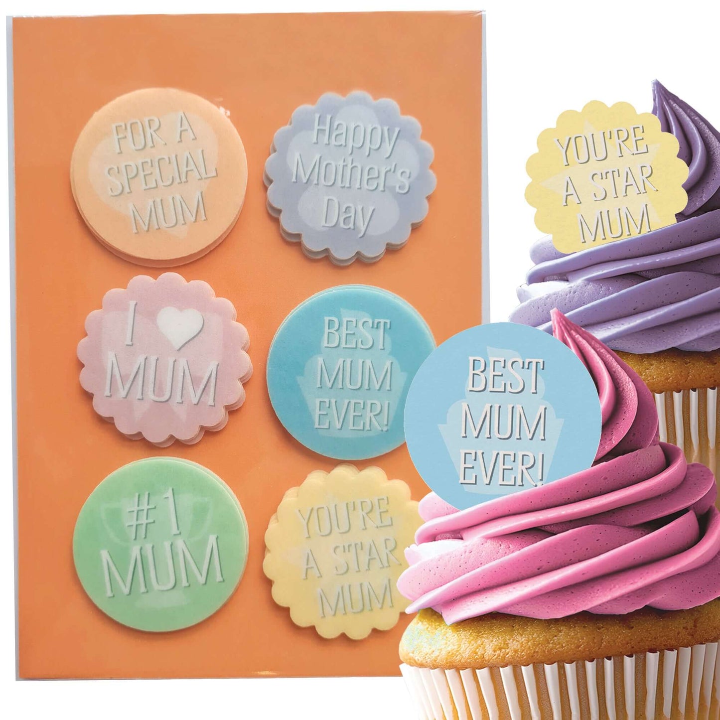 24 x Mother's Day Edible Wafer Cupcake Toppers – Pre-Cut 3.8cm Cake Decorations – Thick Wafer Paper – Messages for Mum Ideal for Cakes & Cupcakes