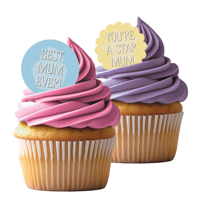 24 x Mother's Day Edible Wafer Cupcake Toppers – Pre-Cut 3.8cm Cake Decorations – Thick Wafer Paper – Messages for Mum Ideal for Cakes & Cupcakes