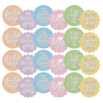 24 x Mother's Day Edible Wafer Cupcake Toppers – Pre-Cut 3.8cm Cake Decorations – Thick Wafer Paper – Messages for Mum Ideal for Cakes & Cupcakes