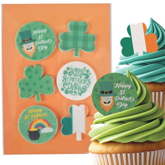 24 x St. Patrick's Day Edible Wafer Cupcake Toppers – Pre-Cut 3.8cm Cake Decorations – Thick Wafer Paper – Ideal for Cakes & Cupcakes