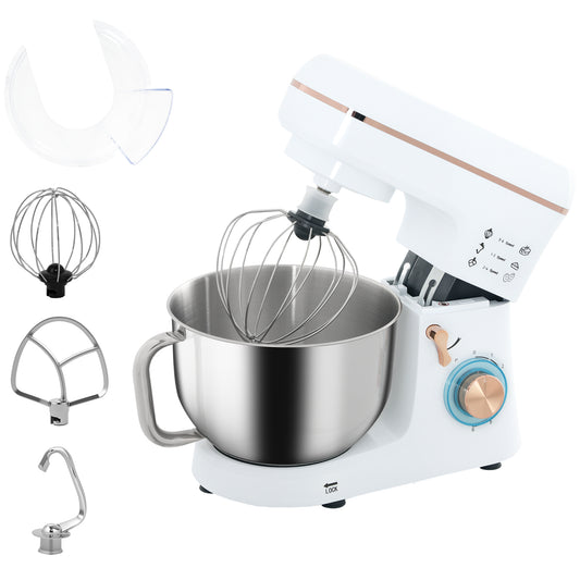 HOMCOM Electric Stand Mixer, 5L Food Mixer with Dough Hook, Whisk, White