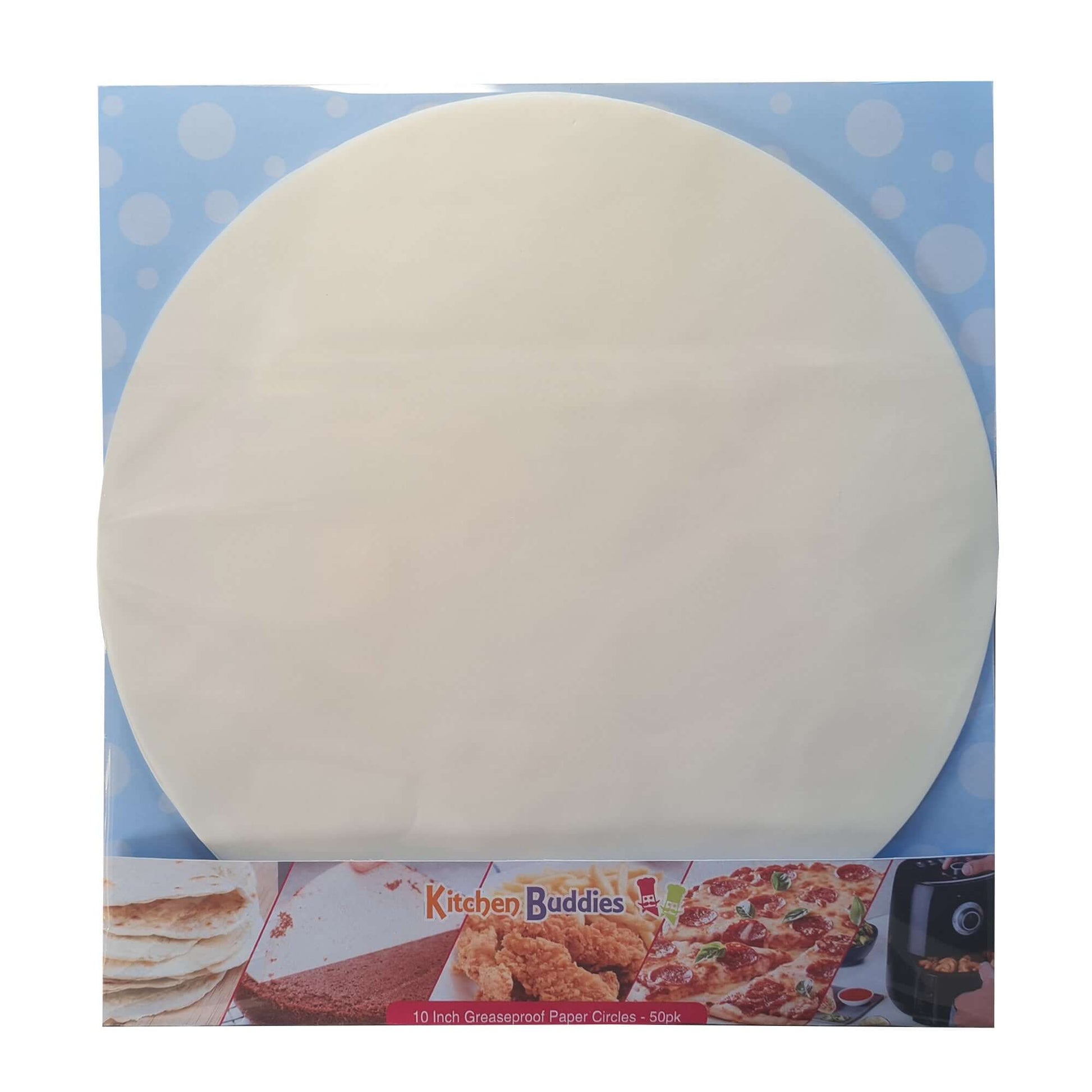 10 inch greaseproof parchment paper circles in packaging, ideal for baking and cooking, non-stick and easy to use.