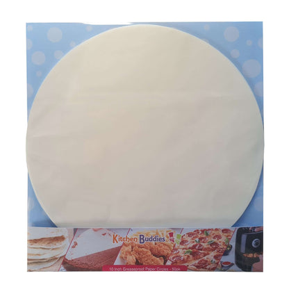 10 inch greaseproof parchment paper circles in packaging, ideal for baking and cooking, non-stick and easy to use.