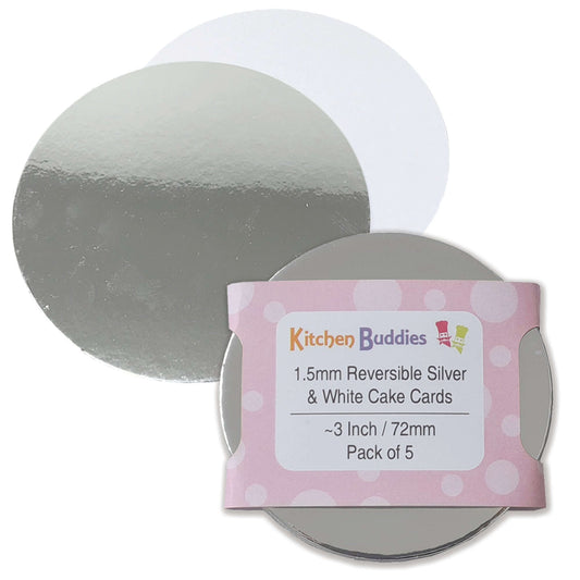 Round reversible silver and white cake cards, 3 inches, pack of 5, perfect for dessert presentation.