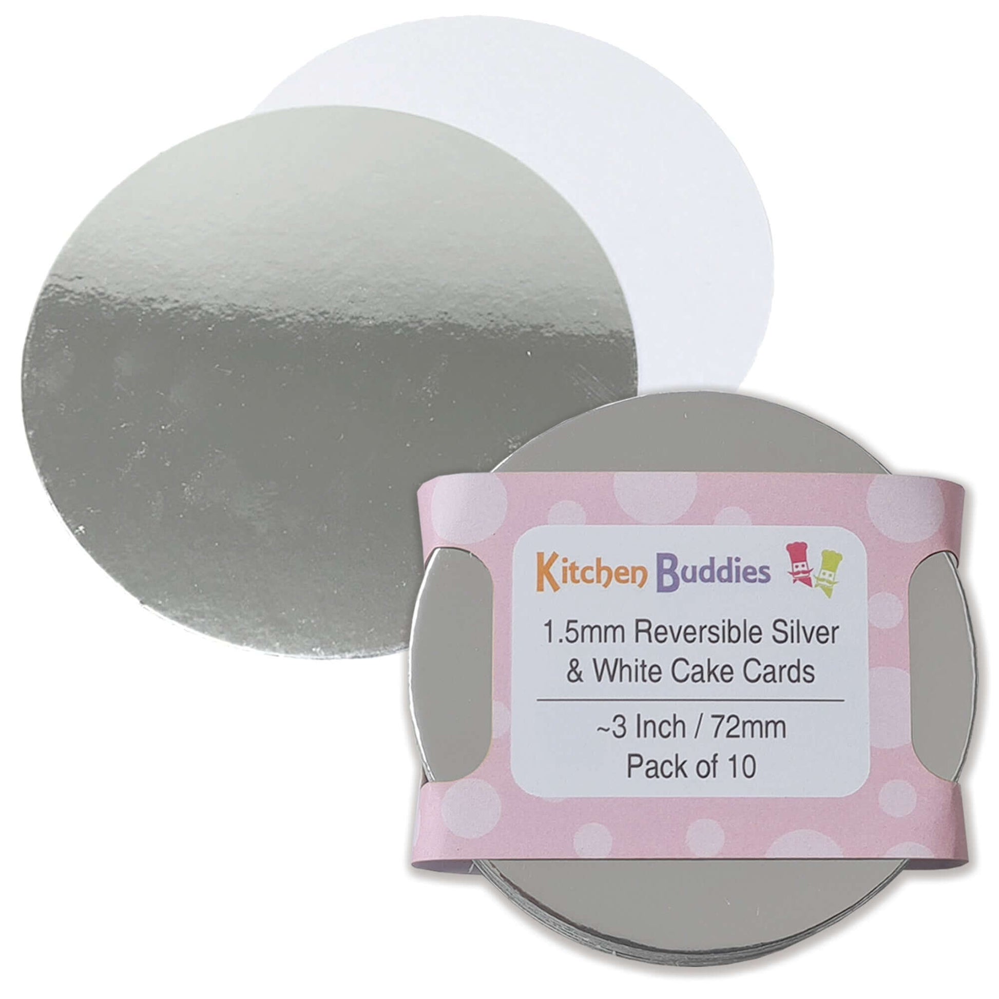 Round reversible silver and white cake cards, 1.5mm thick, pack of 10, ideal for desserts and cake presentation.