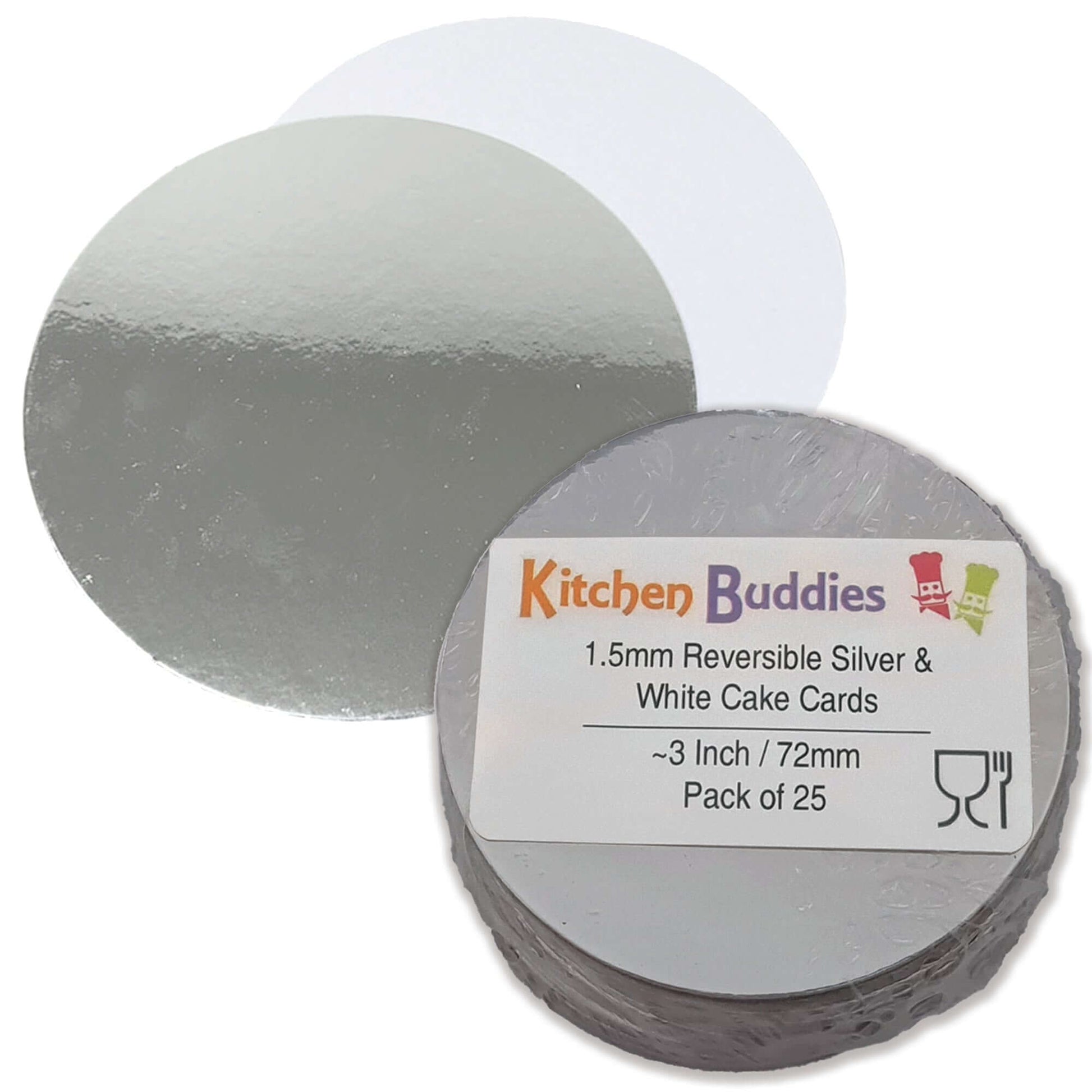 Round reversible silver and white cake cards, 1.5mm thick, ideal for desserts and cake presentation, pack of 25.